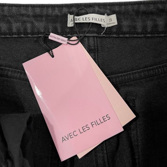 Avec Les Filles Black Distressed High Rise Jeans 31 New Straight Leg Cropped NWT - Picture 4 of 5